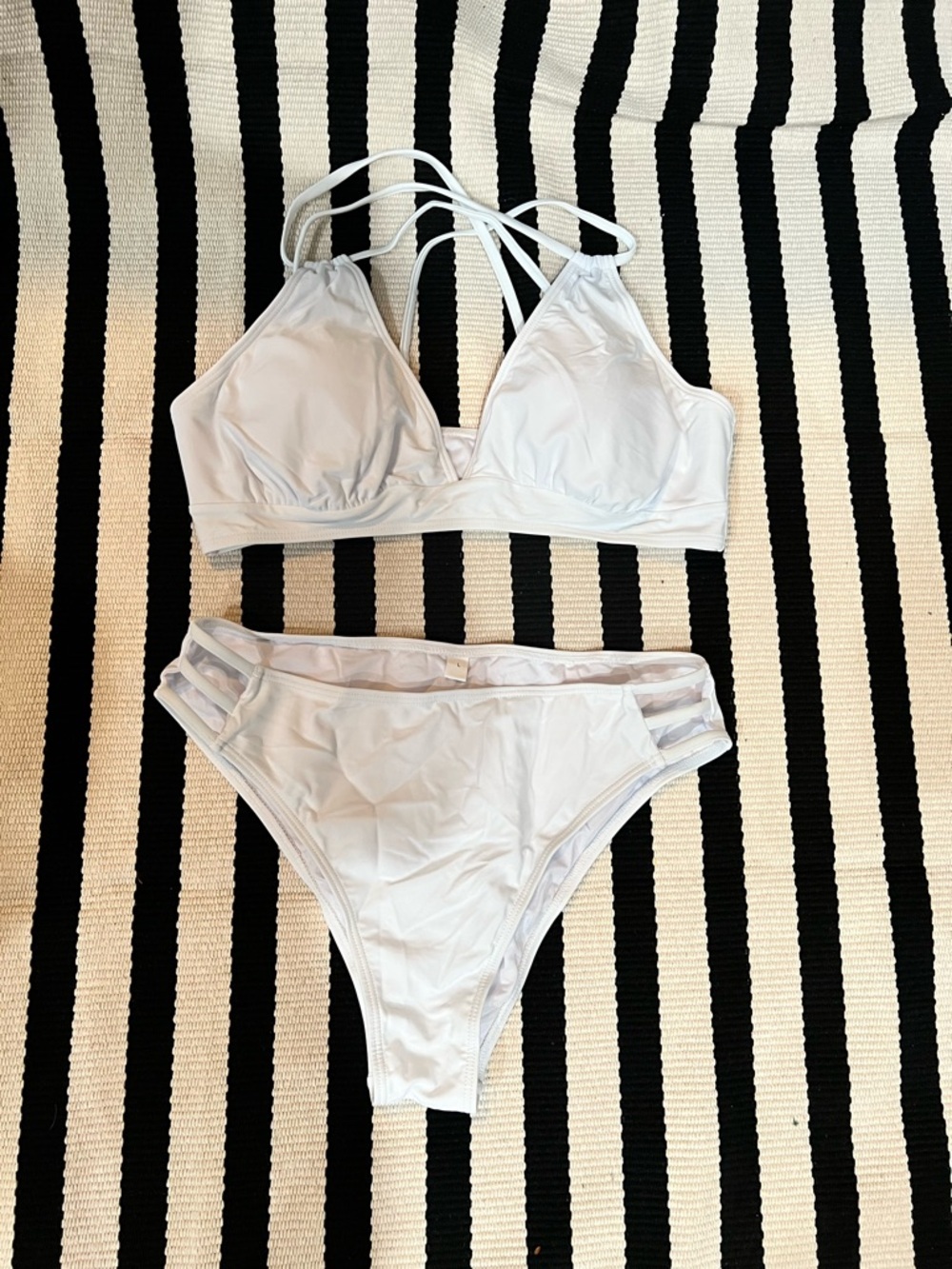 Women's White Strappy Bikini Set - Bralette Top & High Cut Bottoms